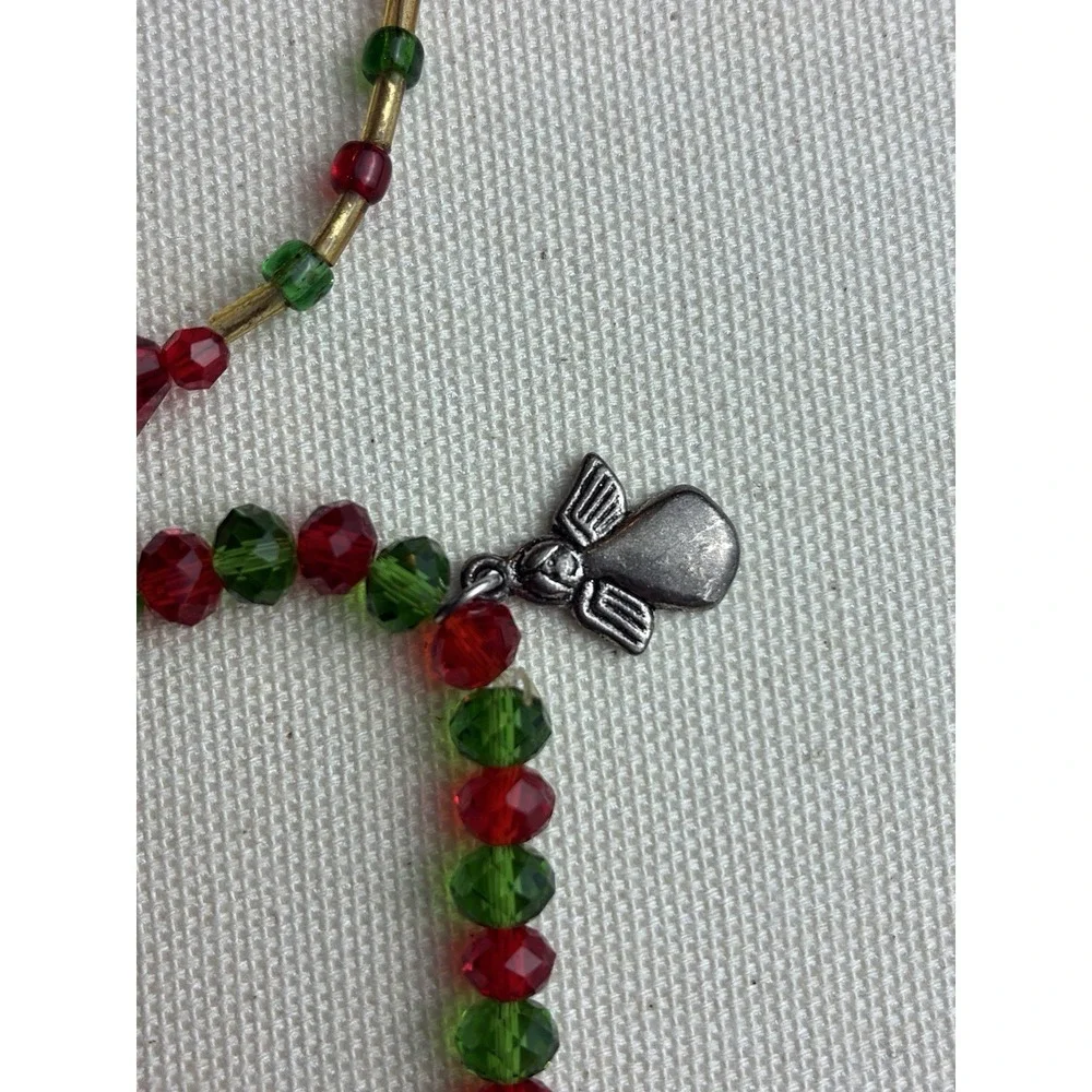 VTG Christmas Bracelet Set Red & Green Crystal Beads with Holiday Charms